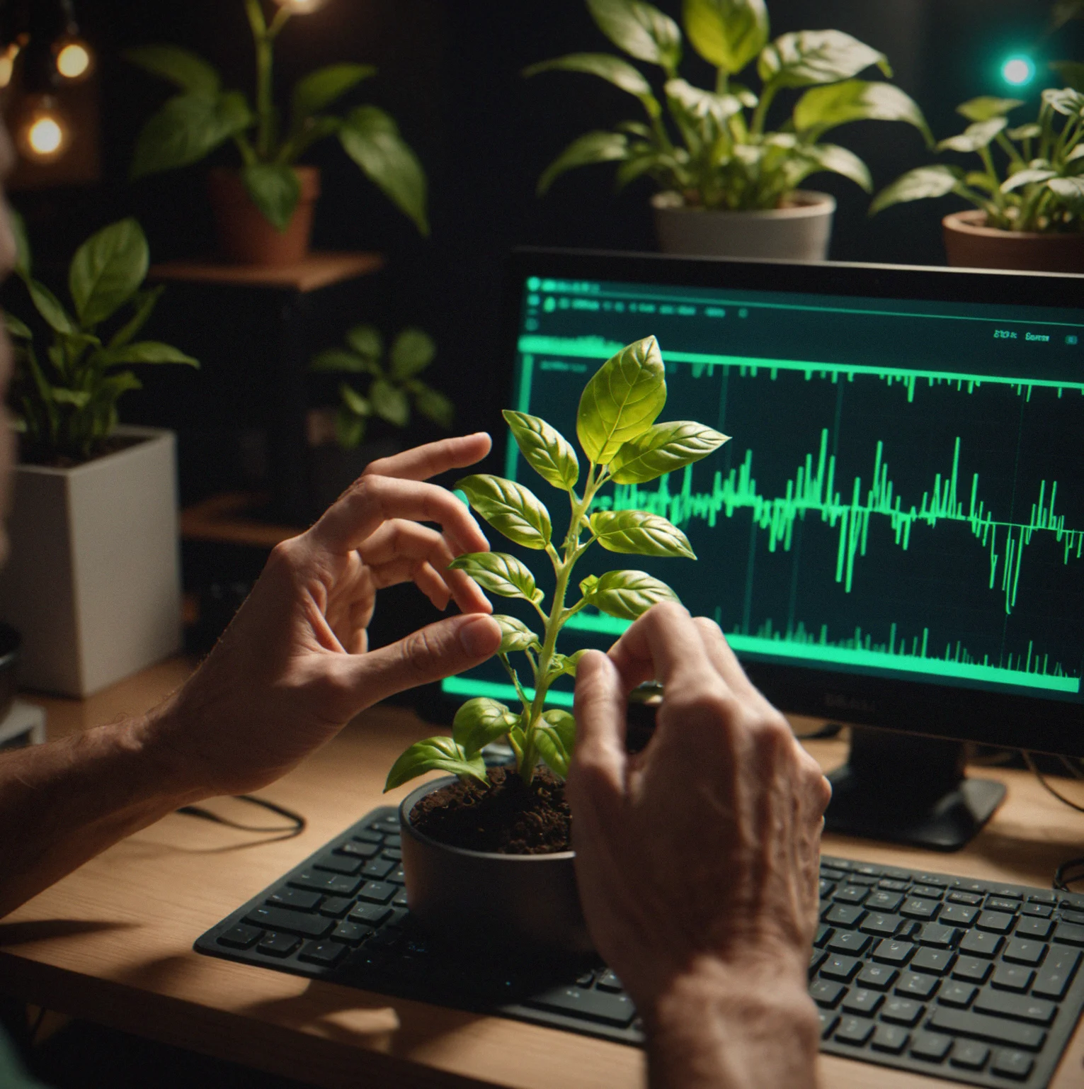 Hands tapping rhythmically on a game interface while a basil plant grows in the corner, lit up with green when you nail the beat