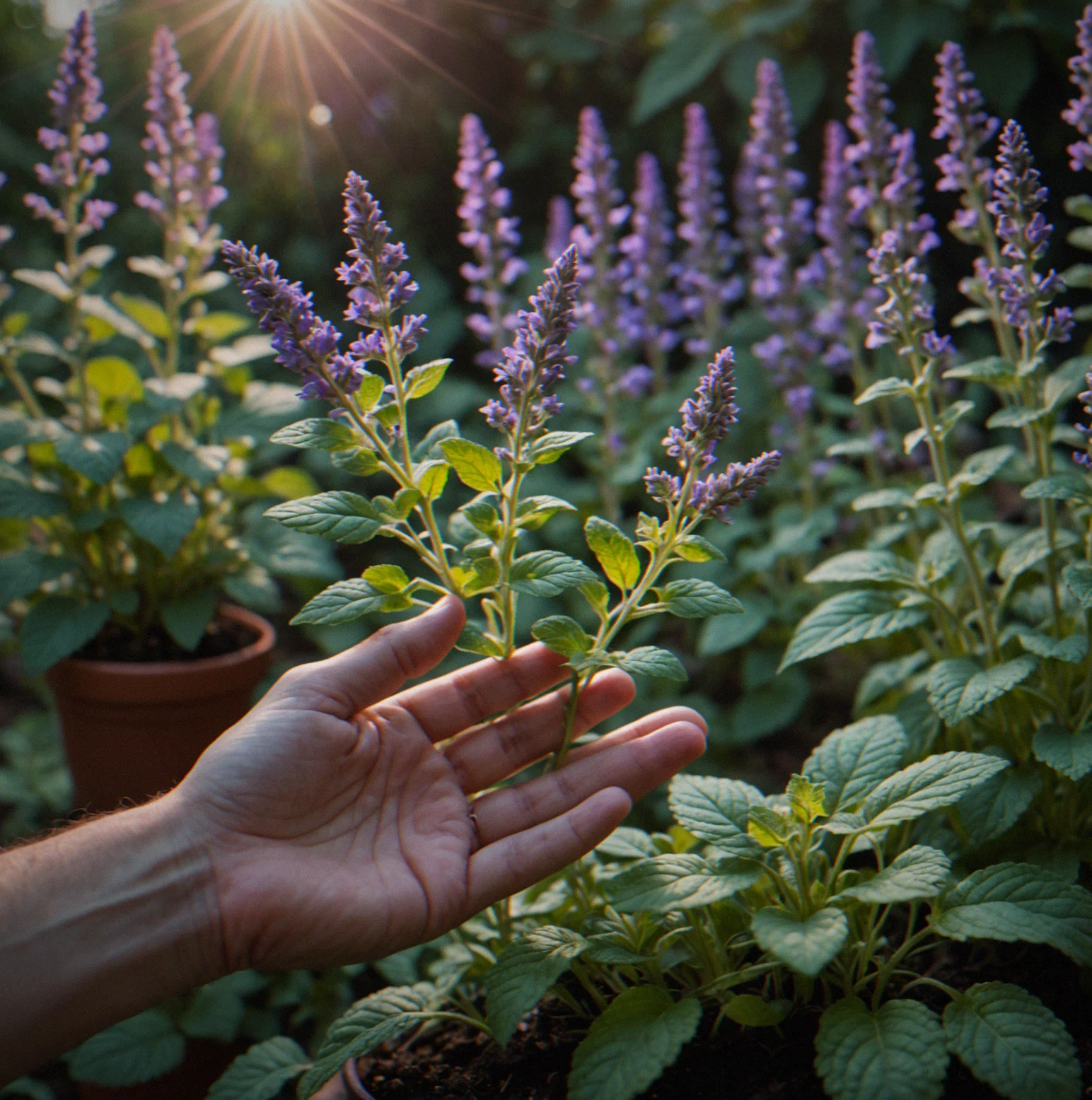A lush garden of mint, lavender, and oregano at various stages, each one glowing softly in colors that match the music frequencies flowing through them