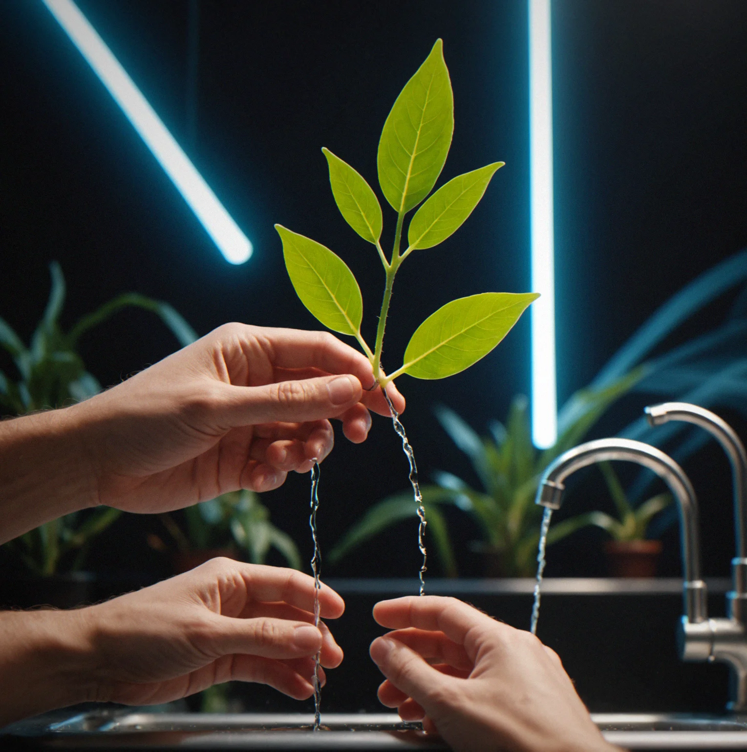 Side by side view of fingers hitting the tap zone and a plant stem shooting upward at the same moment, connected by brigth lines that track the beat