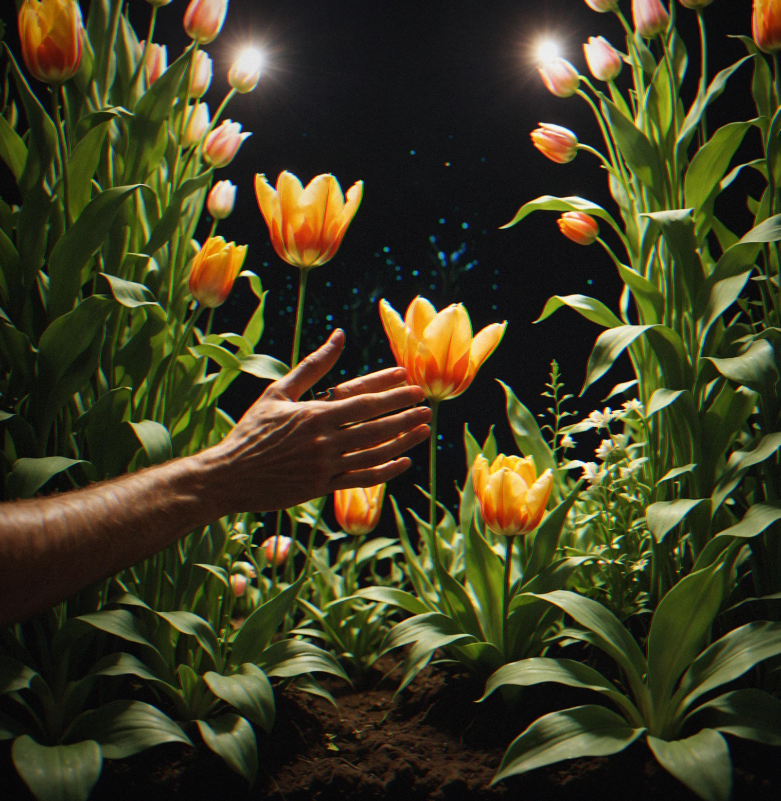 A full garden in bloom with tulips, tomato plants, and jasmine vines layered together, creating an ambient sound visualization that hovers above everything