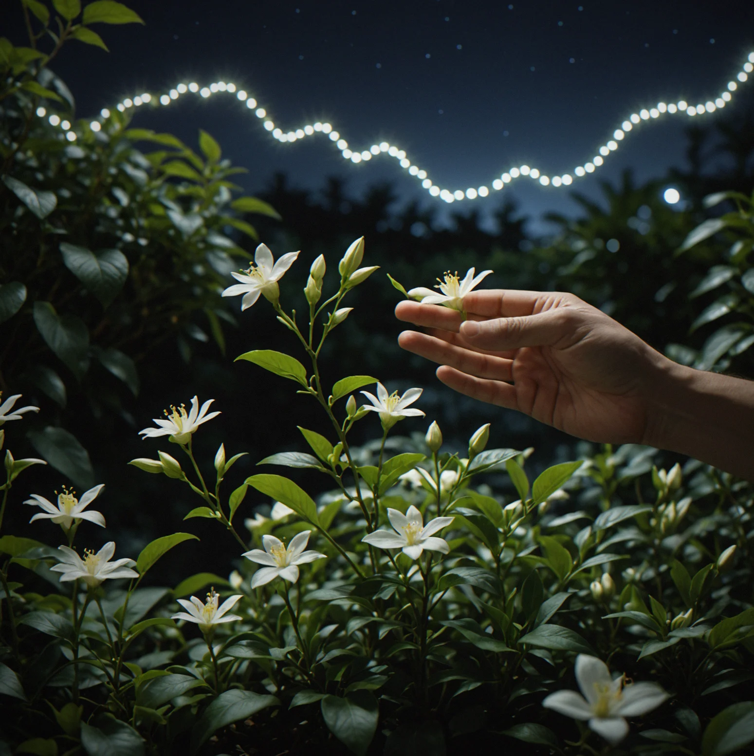 Garden at night with pale white jasmine flowers glowing in the dark, gentle music waves drifting through the scene