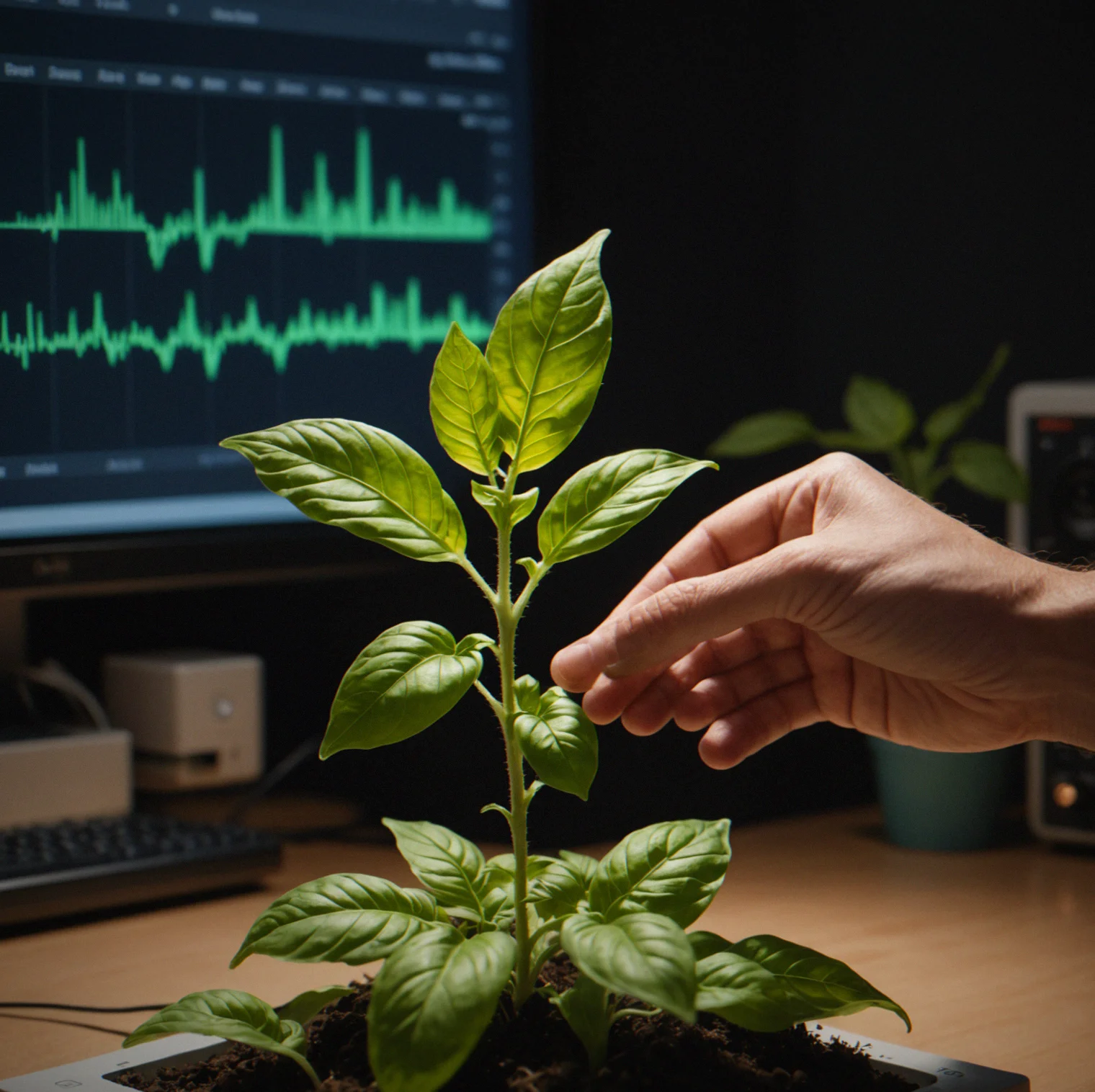 A basil plant shown at five different points in its growth, from tiny seedling all the way to flowering, with beat counts labeled at each stage