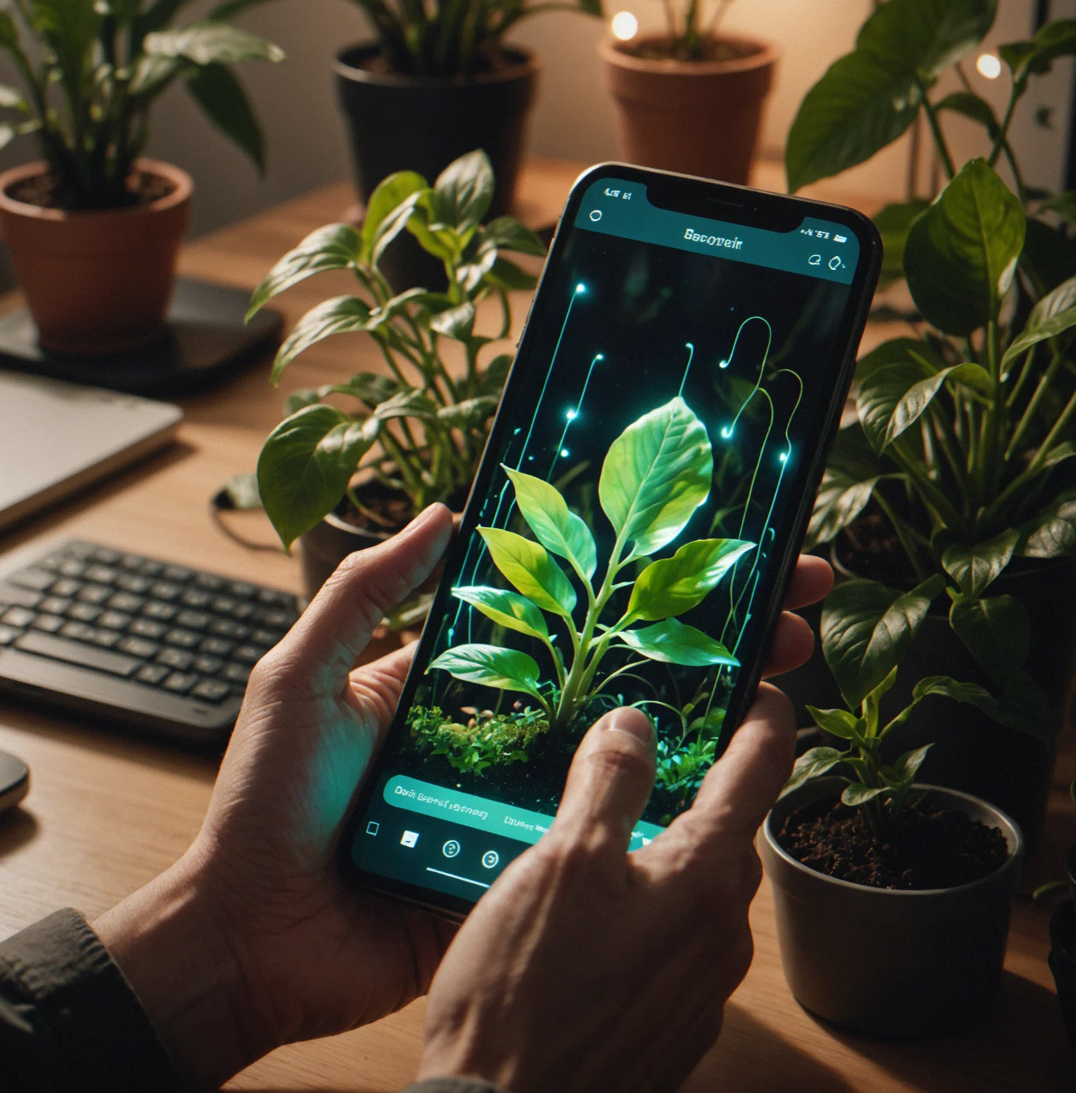 Looking down at a phone sitting on a desk, the garden thriving on the screen with soft music pulses rippling gently across the display