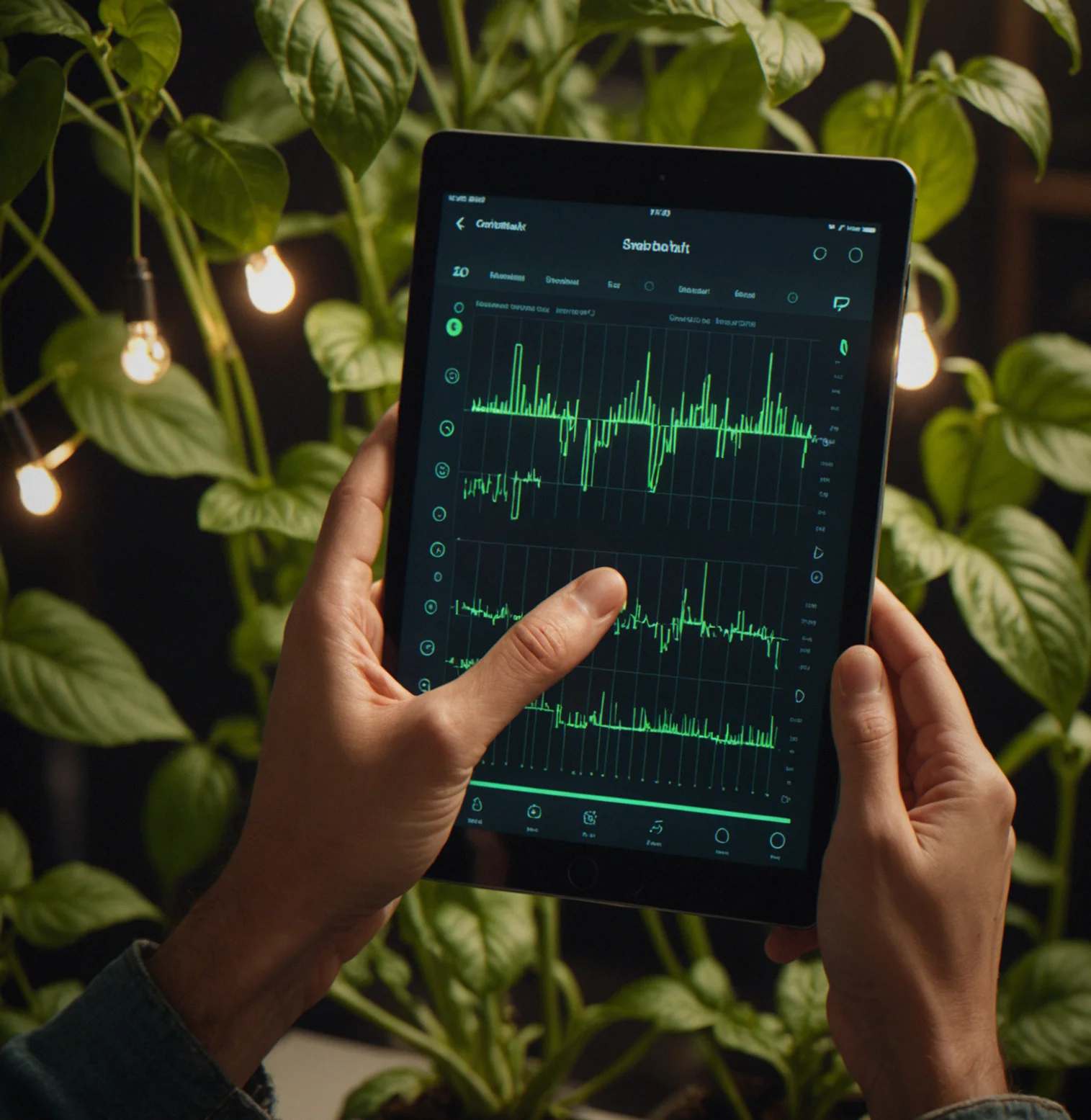 Someone tapping on a tablet, their fingers hitting the screen where a young basil plant sits with those pulsing beat-detection rings tightening and loosening in time with the music