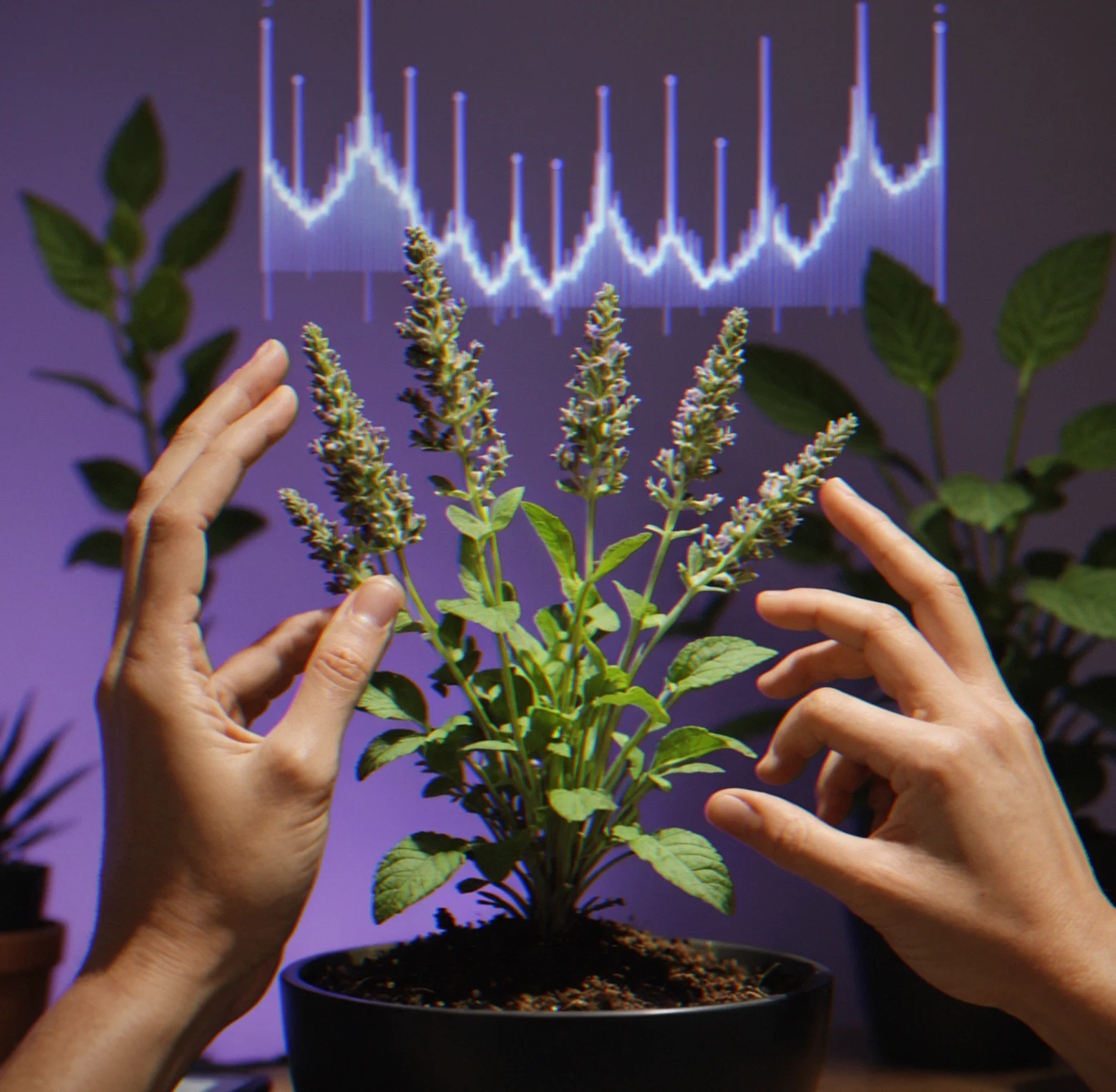 Three plants at full size—lavender, mint and oregano—each one has its own sound wave visualization floating above it, layered together with soft folwing colors
