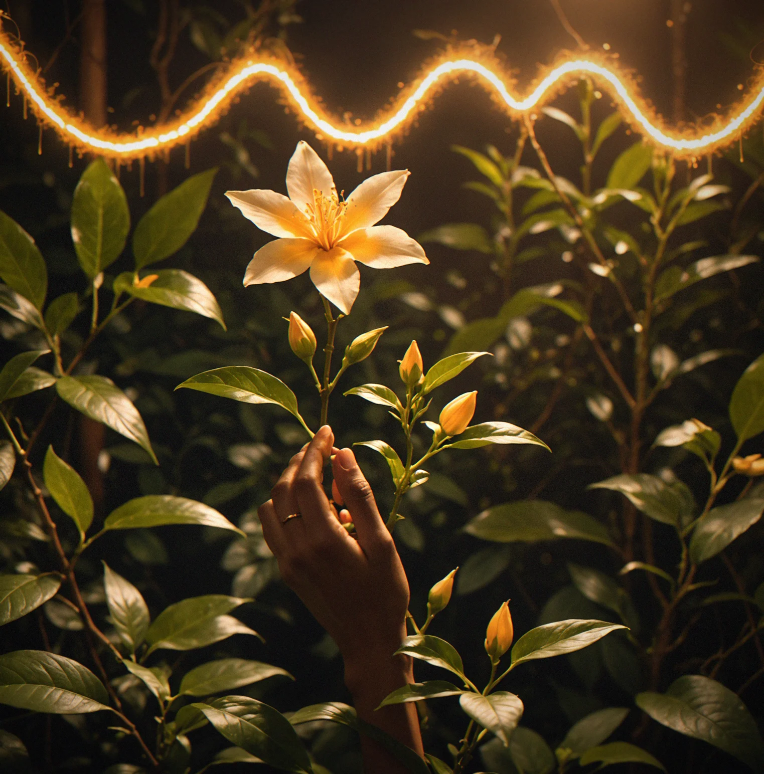 Jasmine in full bloom with delicate petals, and ambient frequency bars streaming upward from the flower center in warm orange and gold tones