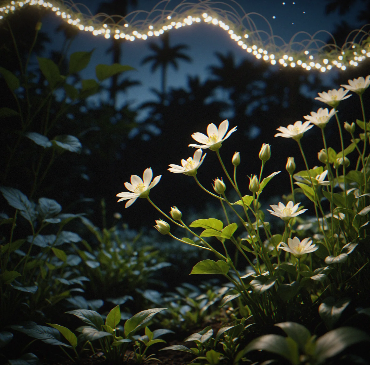 A garden at night with pale white flowers glowing softly against the dark, gentle music wave patterns moving through the air around them in a pretty calming way