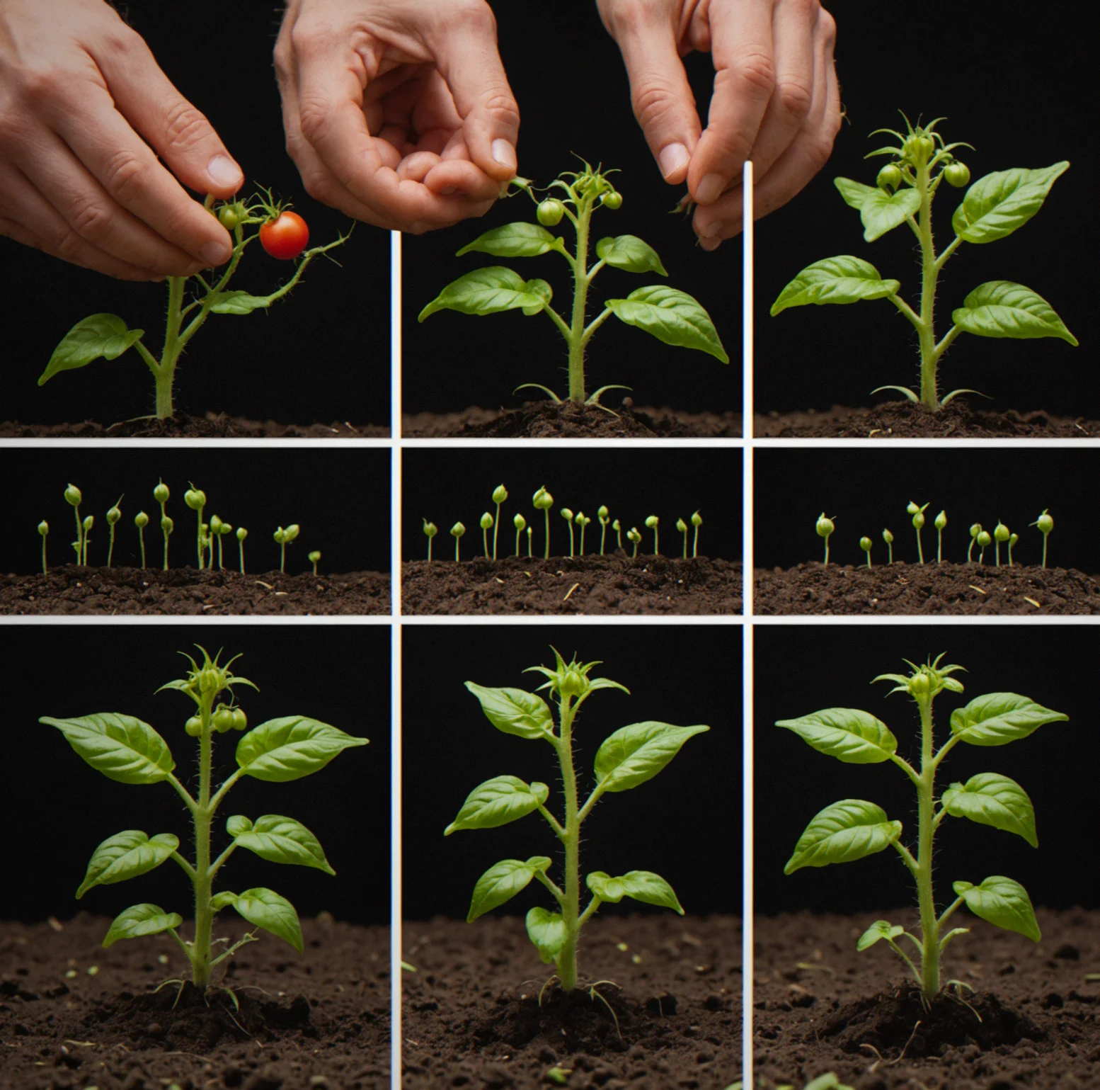Five stages of one tomato plant laid out side by side, starting as a seed then seedling then sprouting then budding then flowering, with beat counts labeled under each one