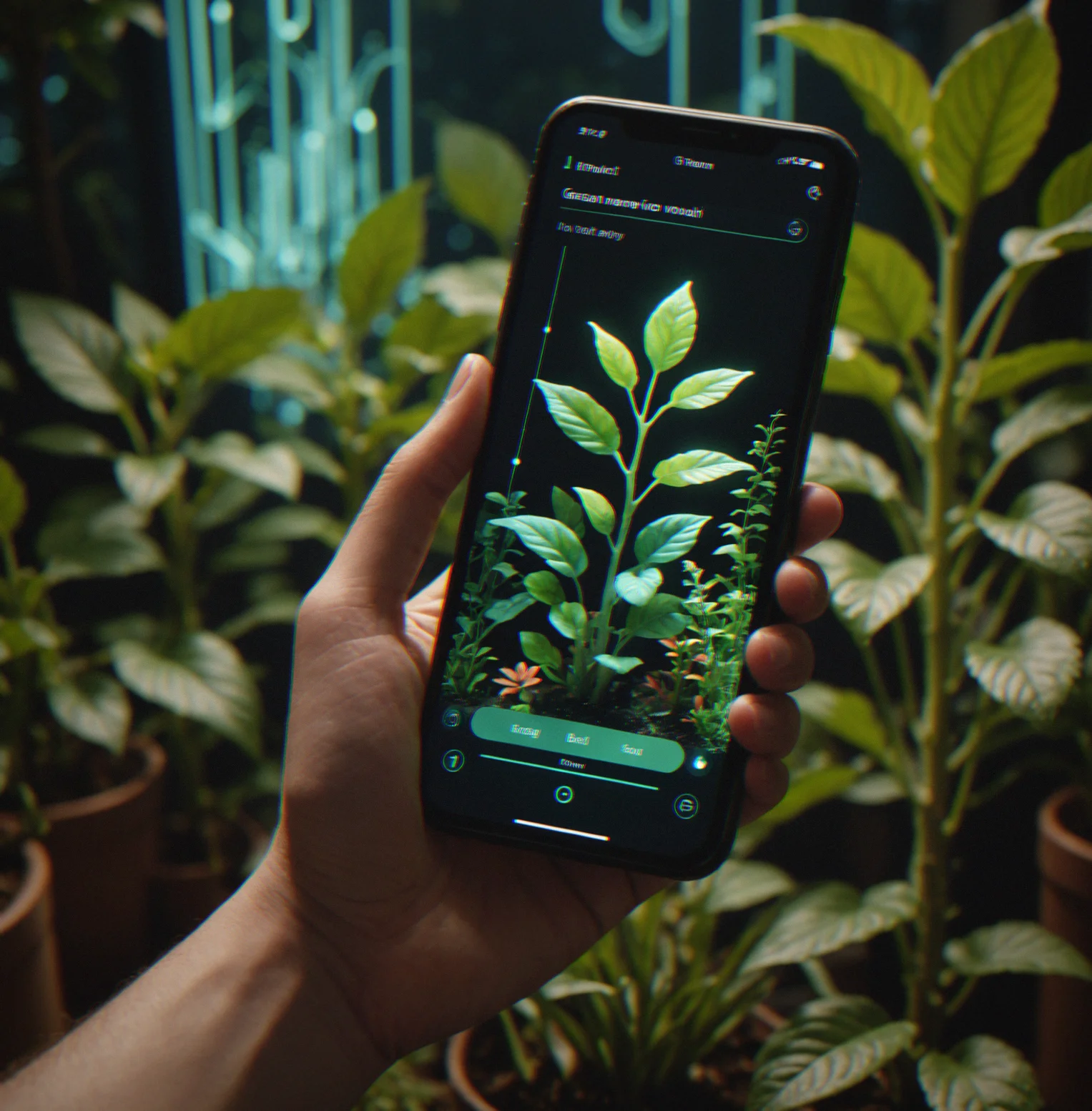 A person holding their phone showing the garden on the screen, the music visualization pulsing gently every time they tap
