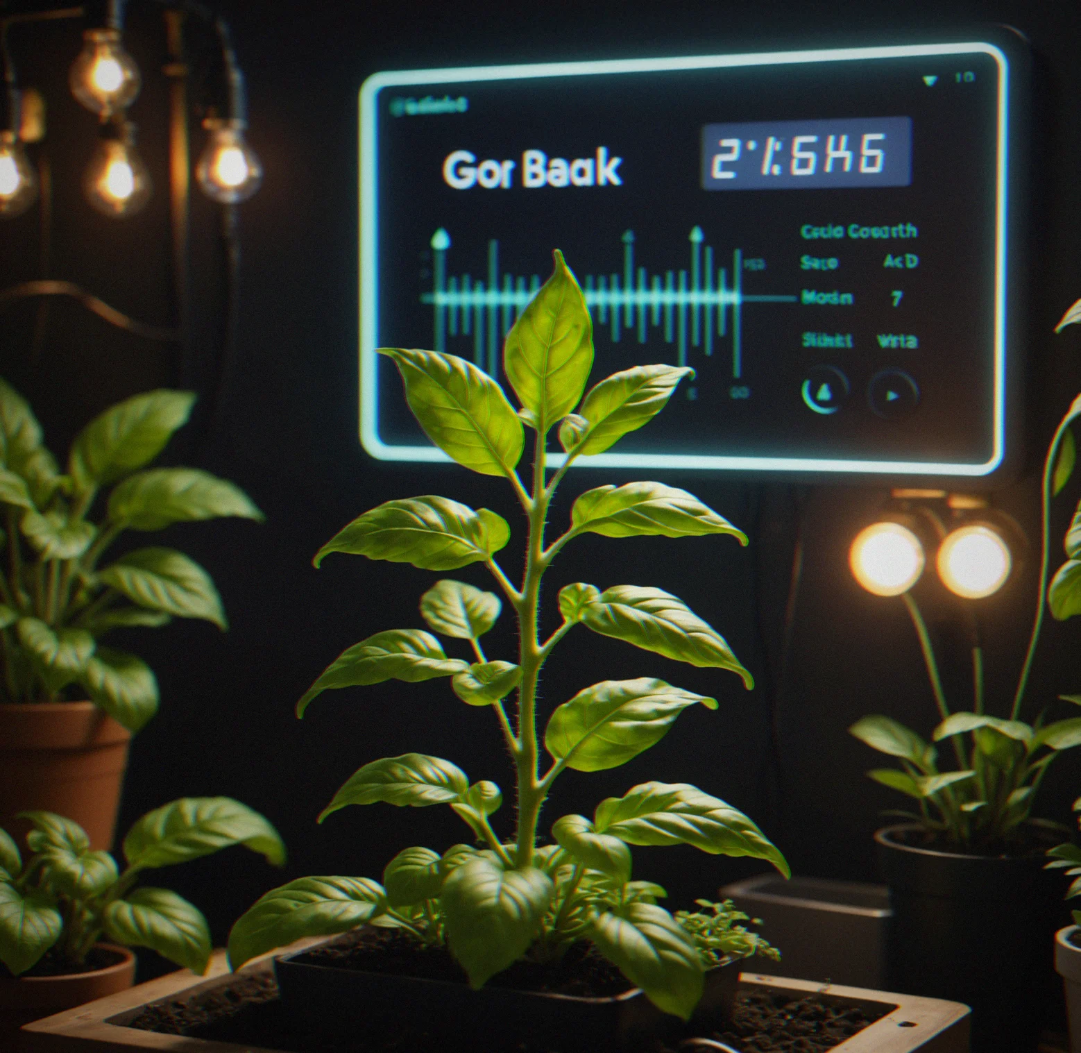 A young basil plant in a simple garden space, with a tap prompt and a beat meter showing 6 out of 8 taps hit right on rhythm