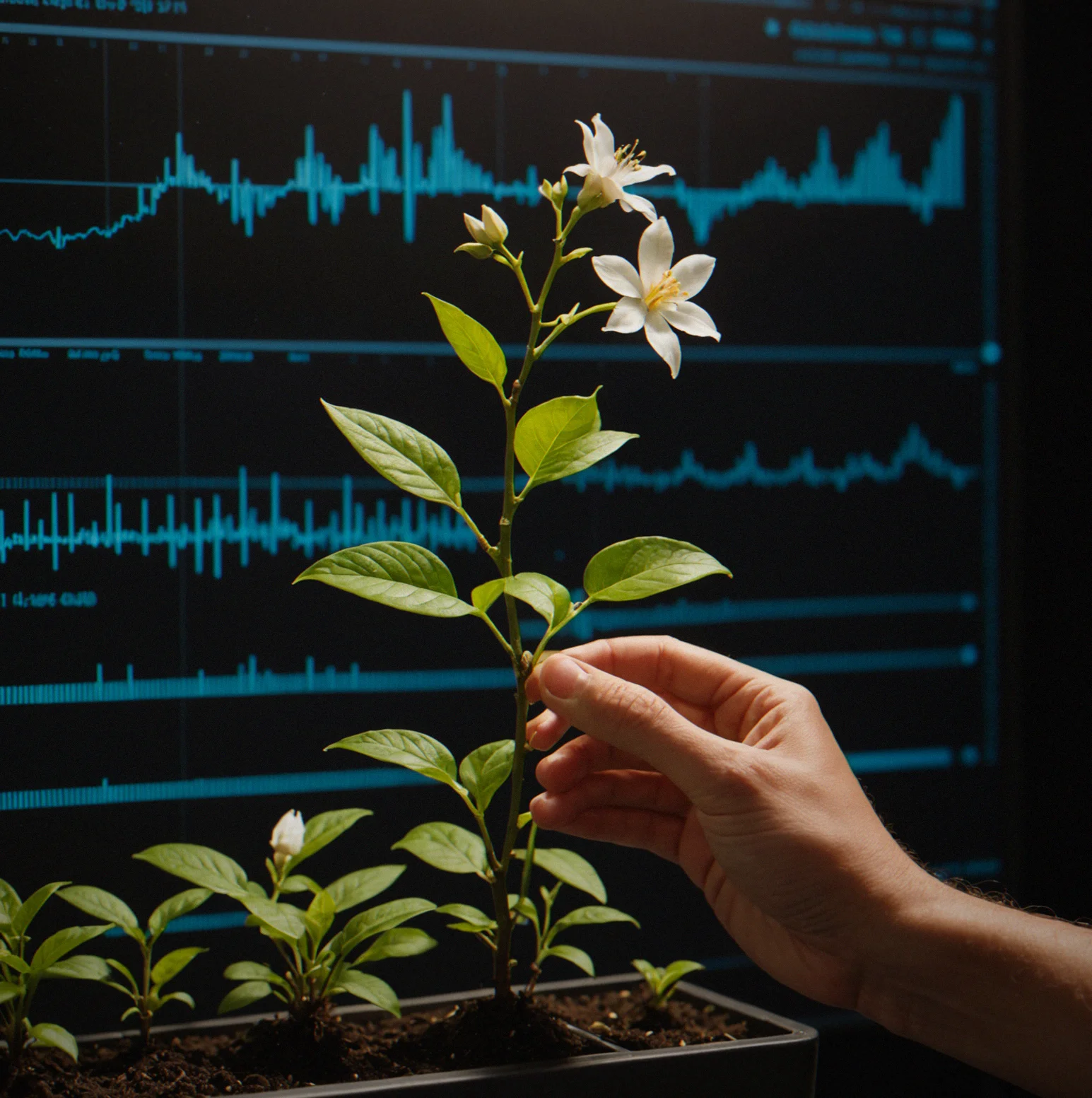 A five-stage timeline of a jasmine plant growing from seedling to full flower, with beat counts and timestamps marked for each stage