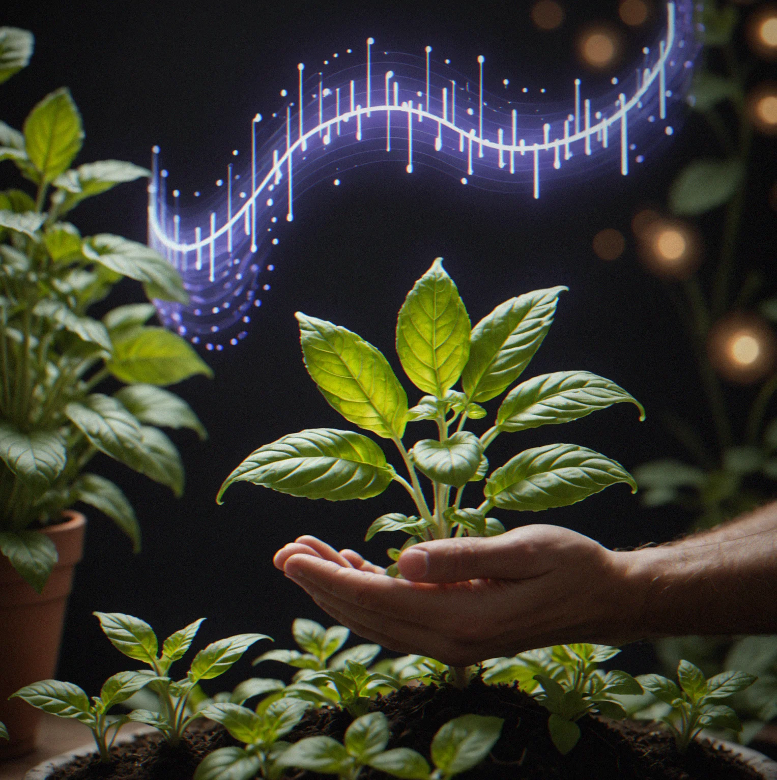 Digital garden with basil, mint and lavender at different growth stages, soft glowing light, gentle musical waves flowing around them